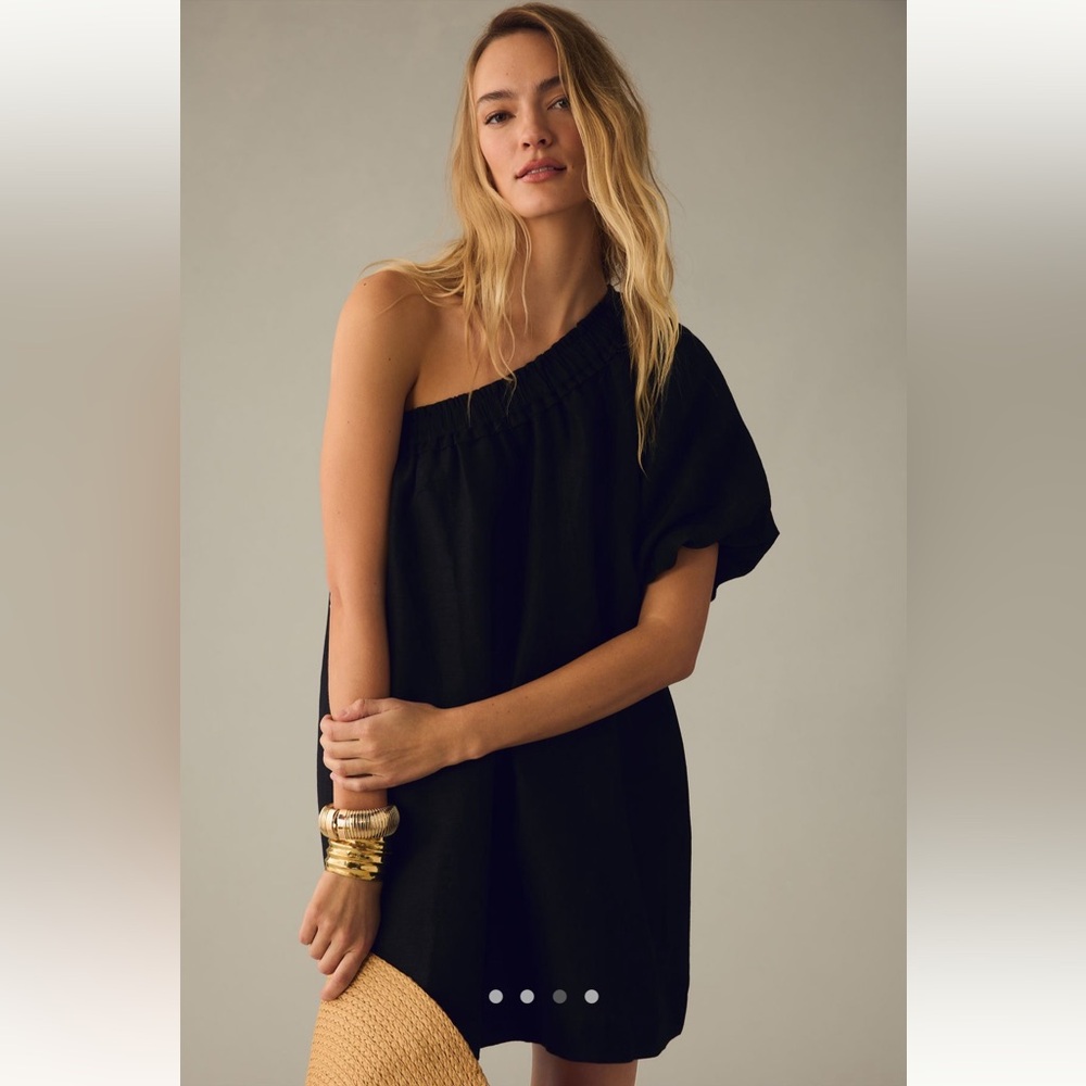 BY ANTHROPOLOGIE EUC One Shoulder Waistless Mini Dress Linen Blend M Black - Picture 4 of 11